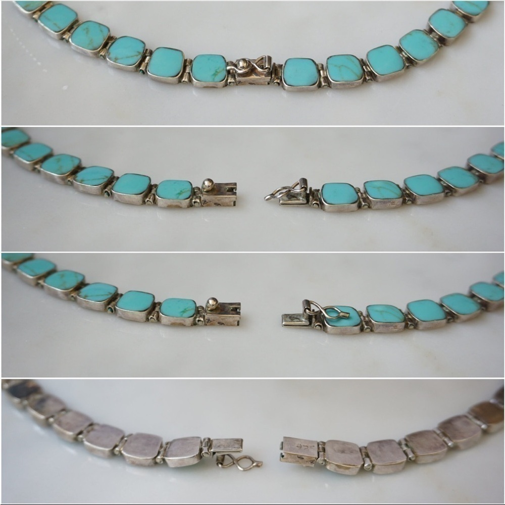 Vintage hand-cut Chilean Turquoise 925 silver earring and necklace set - Picture 5 of 10